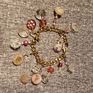 Antique Button Gold Pink Handmade Bracelet